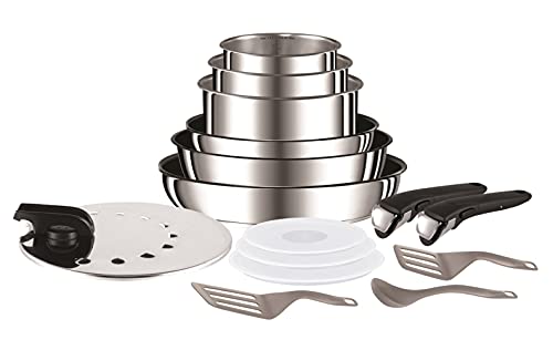 Tefal Ingenio Batterie de cuisine 15 pièces, Induction, Casseroles inox, Poêles avec revêtement antiadhésif, Couvercles antiprojections + hermétiques, Fabriqué en France, Preference L9409602